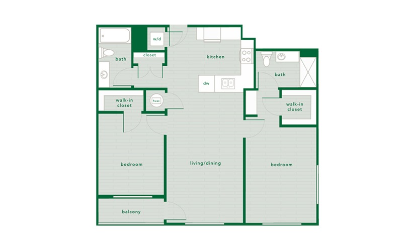 2 Bed 2 Bath - 1,088 Sq. Ft. - 2 bedroom floorplan layout with 2 bathrooms and 1088 - 1097 square feet