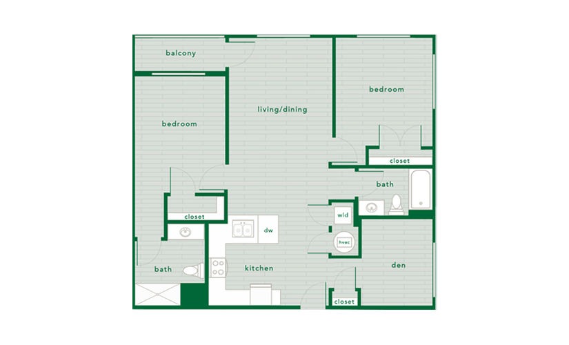 2 Bed 2 Bath with Den - 1,134 Sq. Ft. - 2 bedroom floorplan layout with 2 bathrooms and 1134 - 1143 square feet