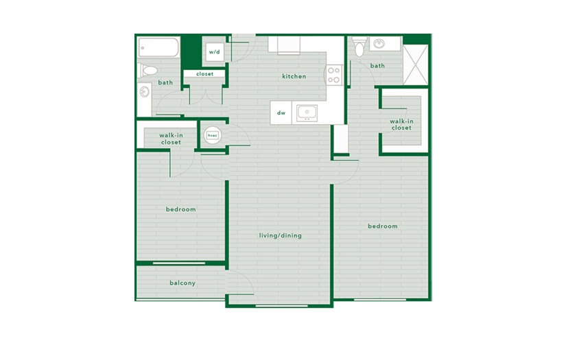 2 Bed 2 Bath - 1,136 Sq. Ft. - 2 bedroom floorplan layout with 2 bathrooms and 1136 square feet