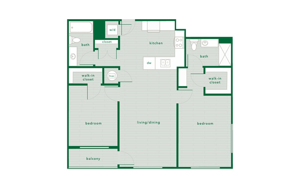 2 Bed 2 Bath B - 2 bedroom floorplan layout with 2 baths and 1088 to 1097 square feet.