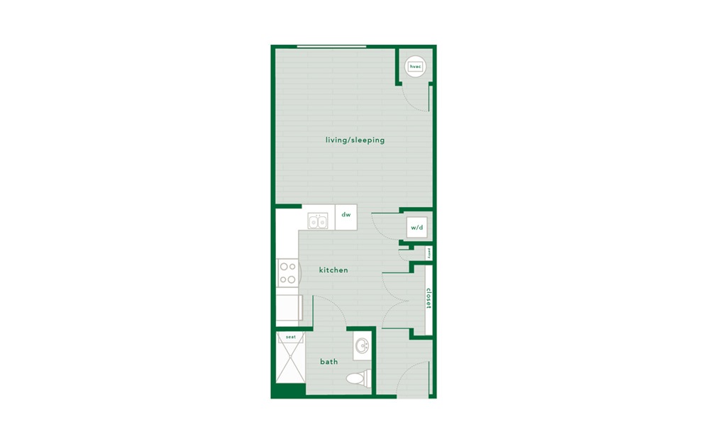 Birch Handicap Accessible - Studio floorplan layout with 1 bath and 496 square feet. Birch Handicap Accessible - Studio floorplan layout with 1 bath and 496 square feet.