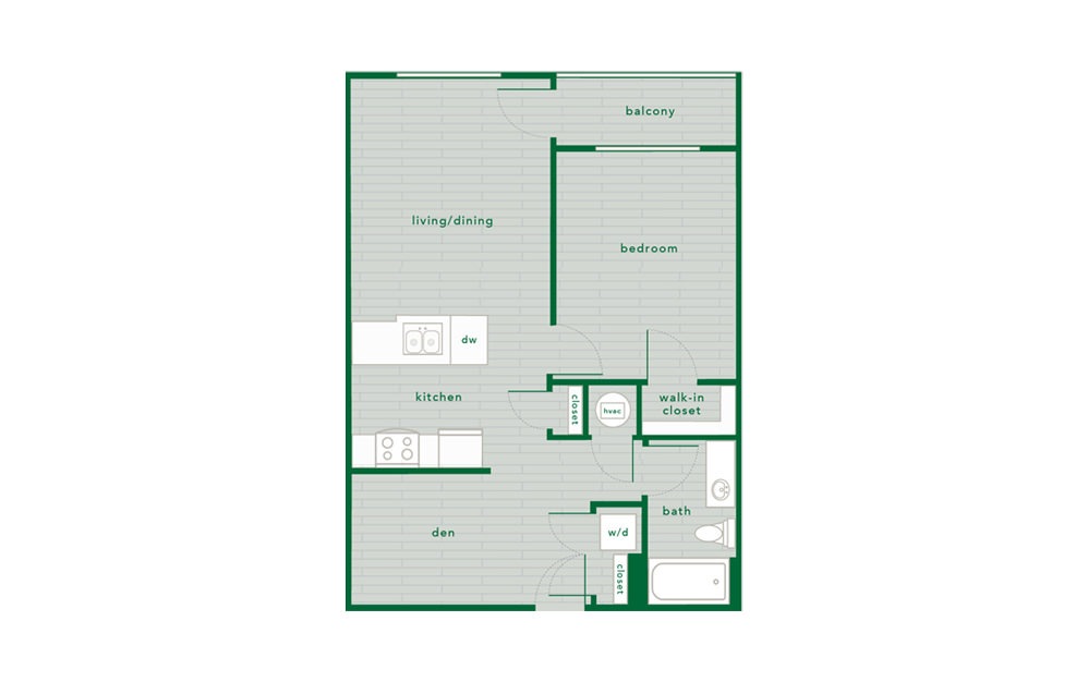 1 Bed 1 Bath Den - 1 bedroom floorplan layout with 1 bath and 734 to 742 square feet.