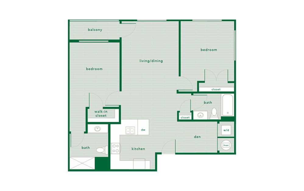 2 Bed 2 Bath A - 2 bedroom floorplan layout with 2 baths and 1064 square feet.